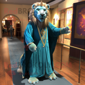 Personaje de disfraz de mascota de león domador de trullo vestido con alfileres de vestido de noche y chal