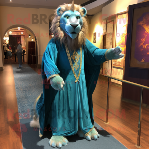 Teal tamer lion mascot costume character dressed with Evening Gown and Shawl pins