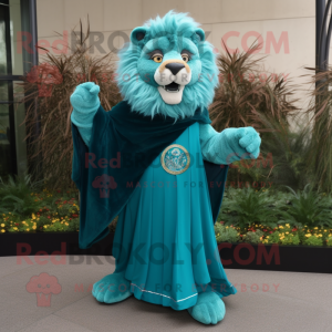 Blaugrüner Löwe Maskottchen Kostüm charakter bekleidet mit Abendkleid und Schalnadeln