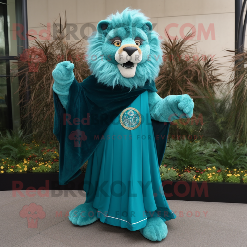 Teal tamer lion mascot costume character dressed with Evening Gown and Shawl pins