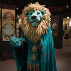 Personnage de costume de mascotte de lion dompteur bleu sarcelle habillé avec des épingles de robe de soirée et de châle
