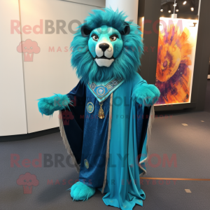 Postava maskota lva modrozeleného krotitele oblečená s večerními róbami a jehlicemi do šálu