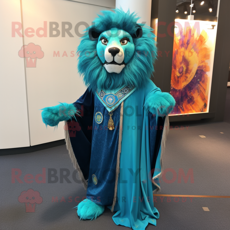 Teal tamer lion mascot costume character dressed with Evening Gown and Shawl pins