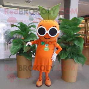 Orangefarbener Maskottchen Kostüm charakter mit Bohnenranke bekleidet mit Etuikleid und Sonnenbrille