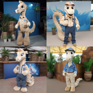 Beige Sea Horse mascot costume character dressed with Denim Shirt and Pocket squares