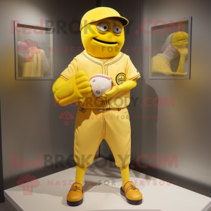 Citronově žlutá postava maskota baseballové rukavice oblečená s Rash Guard a manžetovými knoflíčky