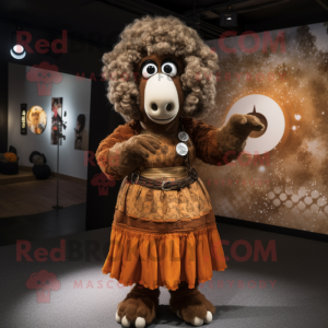 Personaje de disfraz de mascota de oveja oxidada vestido con vestido de cintura imperio y pinzas para el cabello