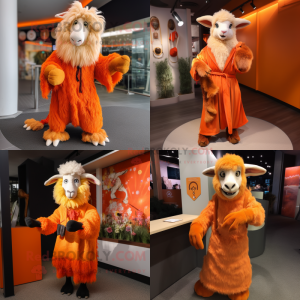 Orange Angora goat mascot costume character dressed with Wrap Skirt and Gloves