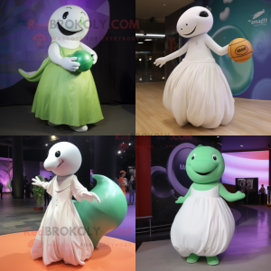 Olive Beluga Whale mascot costume character dressed with Ball Gown and Bracelets