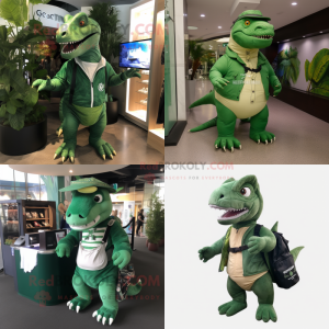 Forest Green Iguanodon mascot costume character dressed with Playsuit and Messenger bags