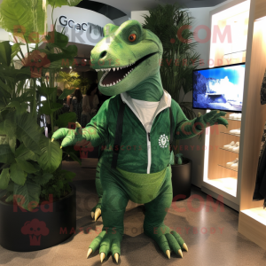 Waldgrüner Iguanodon Maskottchen Kostüm charakter bekleidet mit Spielanzug und Umhängetaschen
