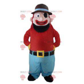 Mascote barbudo e sorridente homem com tapa-olho -