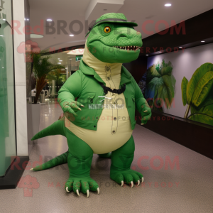 Personaje de disfraz de mascota Forest Green Iguanodon vestido con Playsuit y Messenger bags