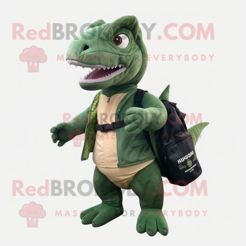 Forest Green Iguanodon mascot costume character dressed with Playsuit and Messenger bags