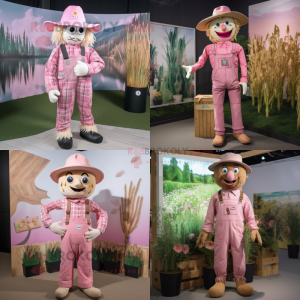 Postava maskota Pink Scarecrow oblečená s čtverečky Romper a Pocket