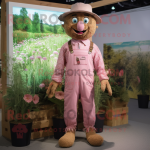 Postava maskota Pink Scarecrow oblečená s čtverečky Romper a Pocket
