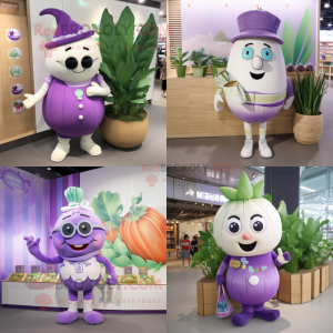 Lavender Turnip mascot costume character dressed with Swimwear and Coin purses