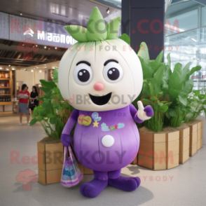 Lavender Turnip mascot costume character dressed with Swimwear and Coin purses