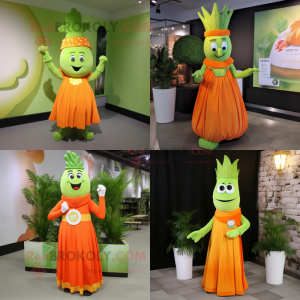 Postava maskota Orange Celer oblečená v empírových šatech a náramkových hodinkách
