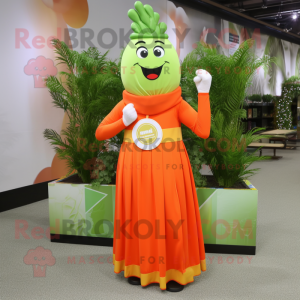 Personaje de traje de mascota de apio naranja vestido con vestido de cintura imperio y relojes de pulsera
