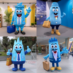 Personaje de traje de mascota de papas fritas azul vestido con chaqueta y bolsos de mensajero