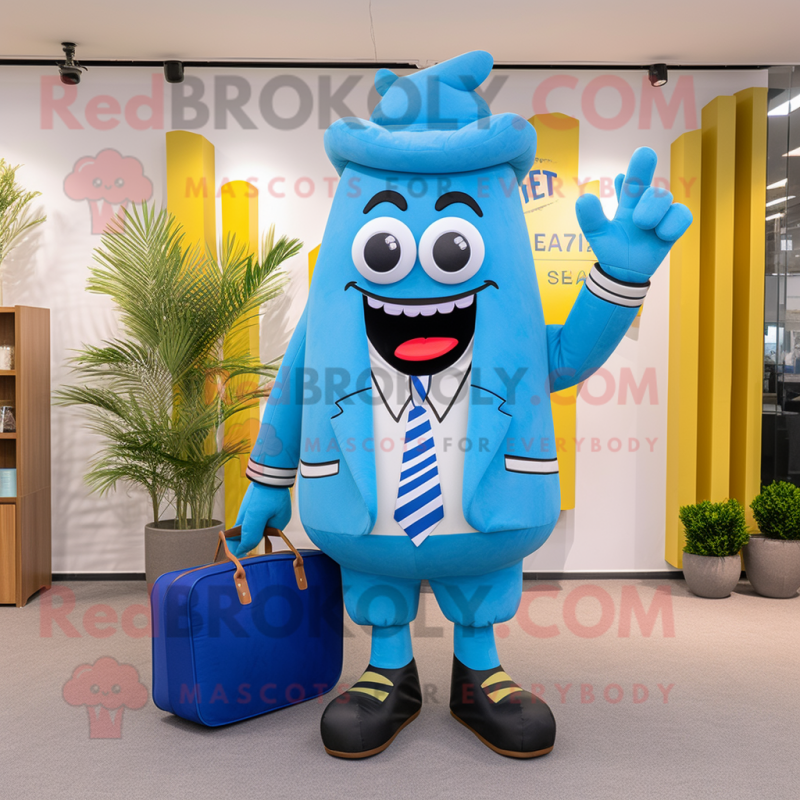 Blue French fries mascot costume character dressed with Blazer and Messenger bags
