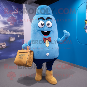 Modrá postava maskota s hranolky oblečená v taškách Blazer a Messenger