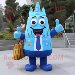 Blue French fries mascot costume character dressed with Blazer and Messenger bags