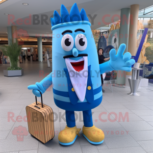 Blue French fries mascot costume character dressed with Blazer and Messenger bags