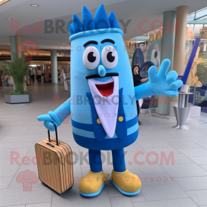 Personaje de traje de mascota de papas fritas azul vestido con chaqueta y bolsos de mensajero