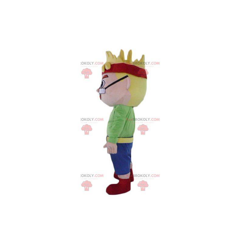 Blond boy man mascot with glasses and a headband -