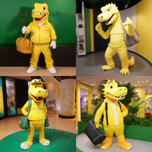 Postava maskota žlutého krokodýla oblečená v joggerech a kabelkách