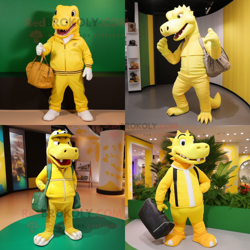Yellow Crocodile mascot costume character dressed with Joggers and Handbags Yellow Crocodile mascot costume character dressed with Joggers and Handbags