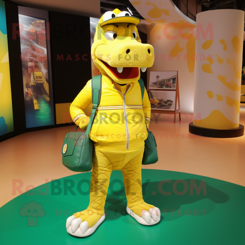 Yellow Crocodile mascot costume character dressed with Joggers and Handbags Yellow Crocodile mascot costume character dressed with Joggers and Handbags