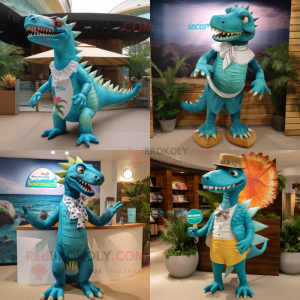 Turquoise Spinosaurus mascot costume character dressed with Swimwear and Pocket squares