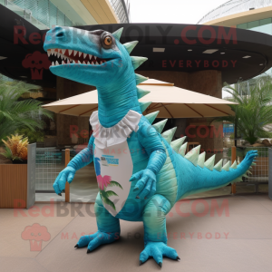 Turquoise Spinosaurus mascot costume character dressed with Swimwear and Pocket squares