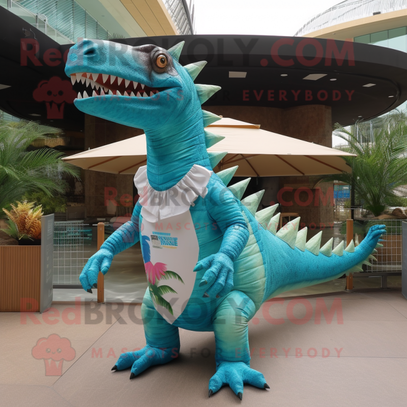 Turquoise Spinosaurus mascot costume character dressed with Swimwear and Pocket squares