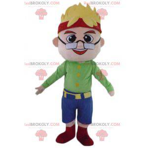 Blond boy man mascot with glasses and a headband -
