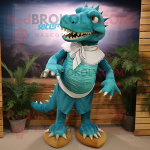 Personaje de traje de mascota Spinosaurus turquesa vestido con traje de baño y pañuelos de bolsillo