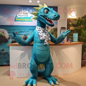 Personnage de costume de mascotte Spinosaurus turquoise habillé avec des maillots de bain et des pochettes