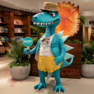 Kostýmová postava maskota tyrkysového Spinosaura v plavkách a kapesnících