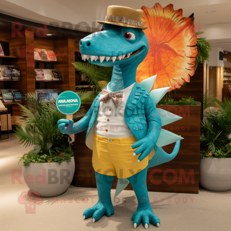 Turquoise Spinosaurus mascot costume character dressed with Swimwear and Pocket squares