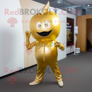 Gold Apple mascot costume character dressed with Jumpsuit and Earrings