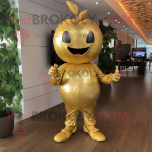 Gold Apple mascot costume character dressed with Jumpsuit and Earrings