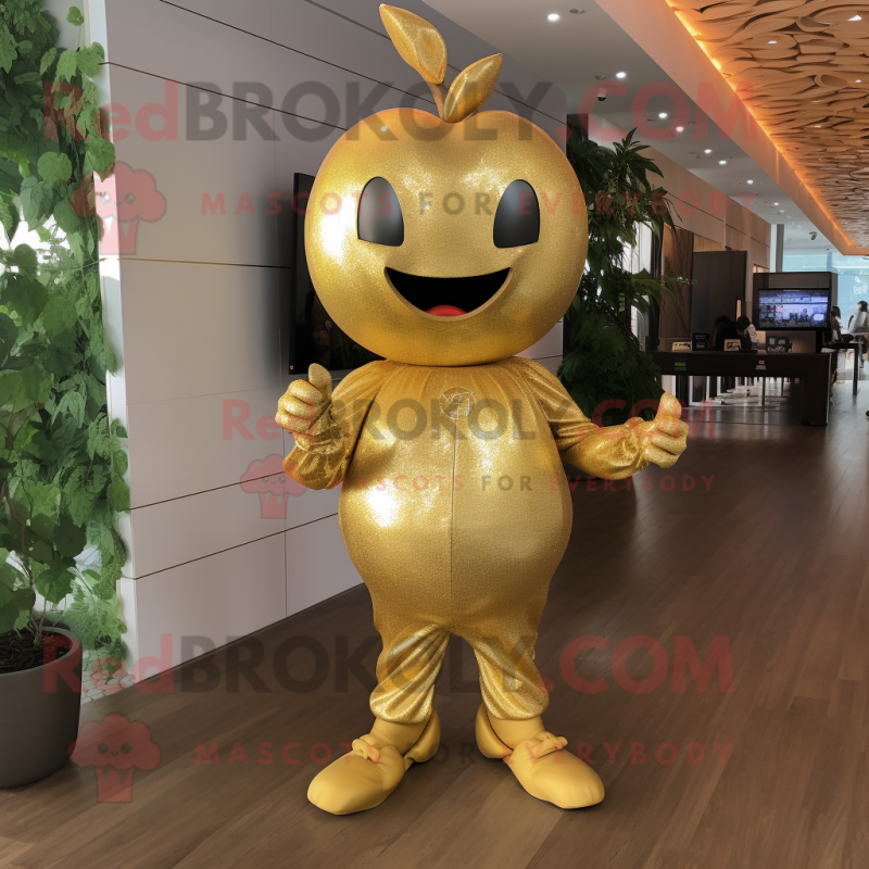 Gold Apple mascot costume character dressed with Jumpsuit and Earrings Gold Apple mascot costume character dressed with Jumpsuit and Earrings