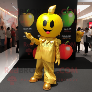 Personagem de fantasia de mascote Gold Apple vestido com macacão e brincos