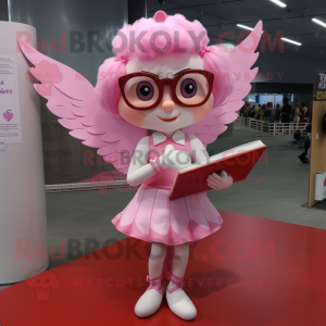 Postava maskota růžového Cupida oblečená v tužkové sukni a brýle na čtení
