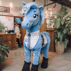 Blue Mare mascot costume character dressed with Blouse and Suspenders