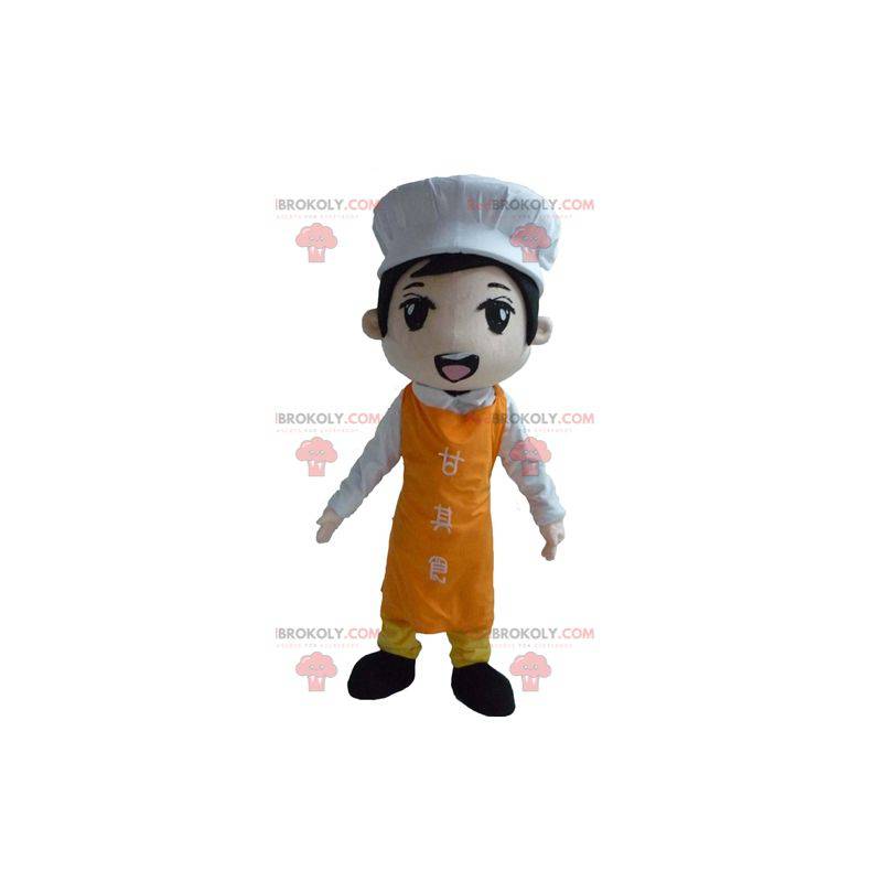 Asiatisk kockmaskot med ett förkläde och en kockhatt -