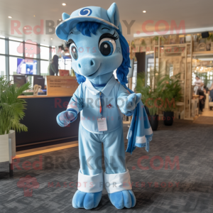 Blue Mare mascot costume character dressed with Blouse and Suspenders